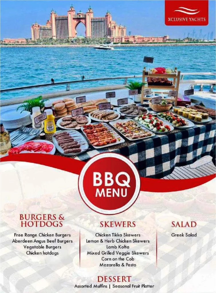 Xcluisve Yachts lunch menu