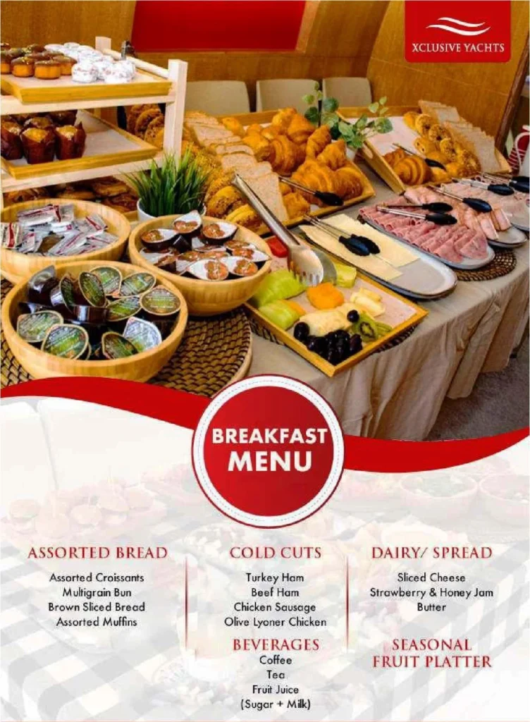 Xcluisve Yachts lunch menu